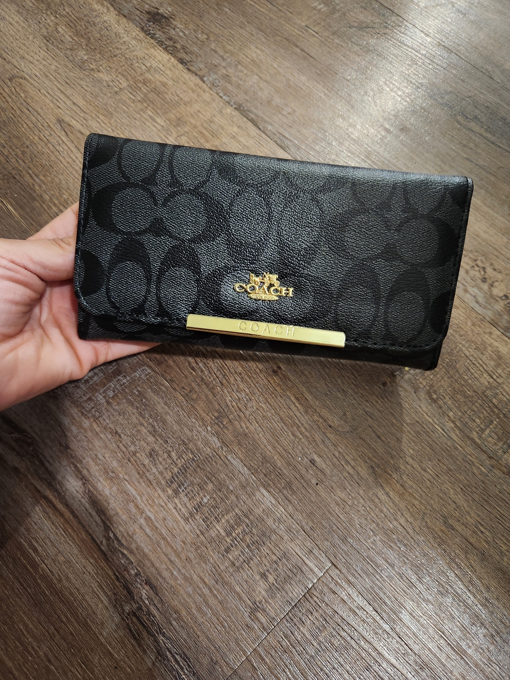 COACH Black Signature Logo Continental Wallet with Gold Accents